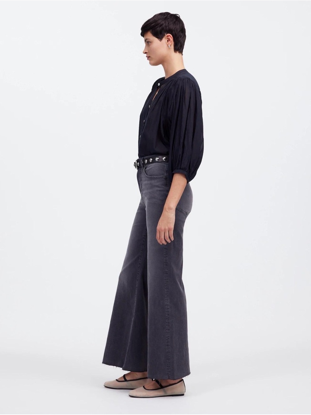 Madewell Black Blouse with Gray Wide-Leg Jeans